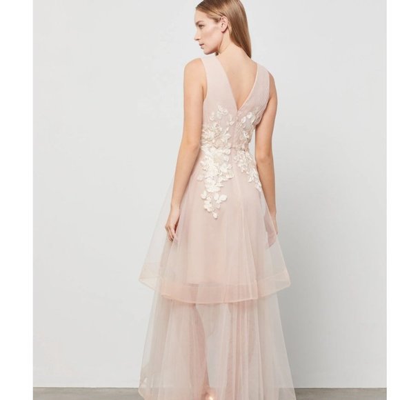 BCBG Max Azria Floral Sheer Embroidered Appliquéd Asymmetrical Gown Nude Pink - Picture 3 of 8